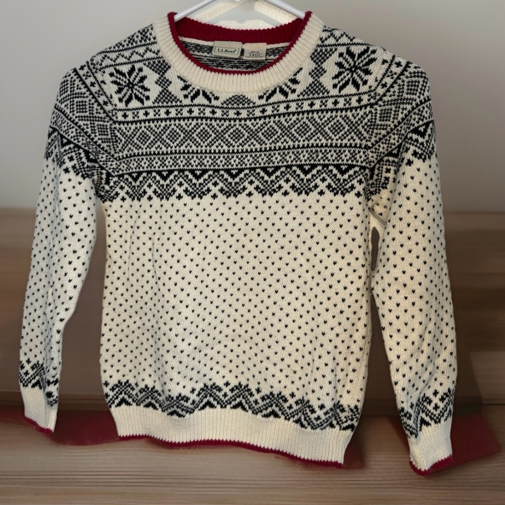 L.L. Bean Boys Crewneck Sweater Nordic Fair Isle Pattern Blue Cream Red L 6X/7